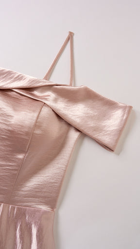 Vestito Lungo Satin Donna con Colletto Alto e Spalle Scoperte, Abito Elegante Cerimonia Busto Arricciato e Gonna Svasata