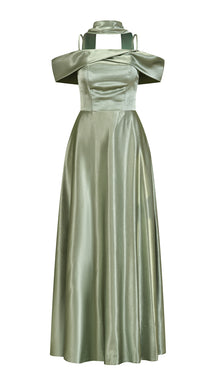 Vestito Lungo Satin Donna con Colletto Alto e Spalle Scoperte, Abito Elegante Cerimonia Busto Arricciato e Gonna Svasata