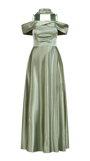 Vestito Lungo Satin Donna con Colletto Alto e Spalle Scoperte, Abito Elegante Cerimonia Busto Arricciato e Gonna Svasata