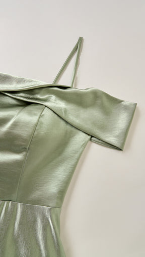 Vestito Lungo Satin Donna con Colletto Alto e Spalle Scoperte, Abito Elegante Cerimonia Busto Arricciato e Gonna Svasata