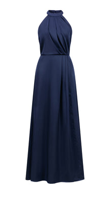 Abito lungo elegante con scollo a collo alto, senza maniche, in raso fluido, per cerimonie e occasioni speciali