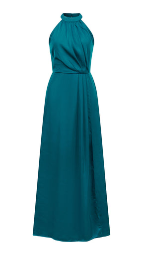 Abito lungo elegante con scollo a collo alto, senza maniche, in raso fluido, per cerimonie e occasioni speciali