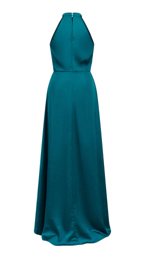 Abito lungo elegante con scollo a collo alto, senza maniche, in raso fluido, per cerimonie e occasioni speciali