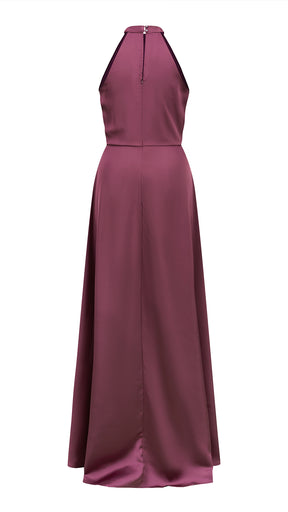 Abito lungo elegante con scollo a collo alto, senza maniche, in raso fluido, per cerimonie e occasioni speciali