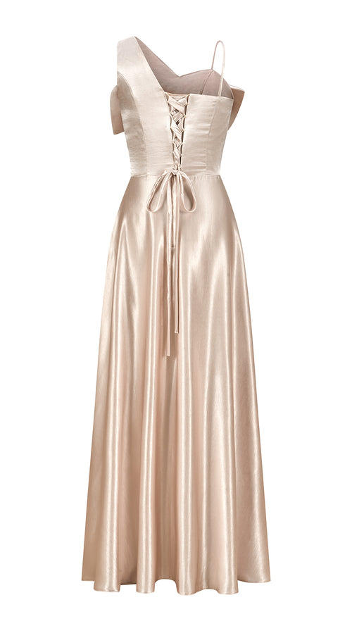 Vestito Lungo Satin Donna Spallina Singola con Maxi Fiocco, Abito Elegante da Cerimonia e Festa Smanicato