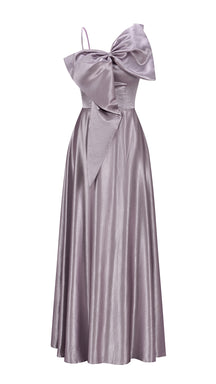 Vestito Lungo Satin Donna Spallina Singola con Maxi Fiocco, Abito Elegante da Cerimonia e Festa Smanicato