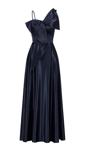 Vestito Lungo Satin Donna Spallina Singola con Maxi Fiocco, Abito Elegante da Cerimonia e Festa Smanicato