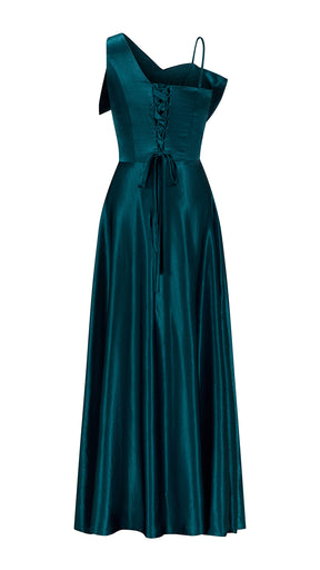 Vestito Lungo Satin Donna Spallina Singola con Maxi Fiocco, Abito Elegante da Cerimonia e Festa Smanicato