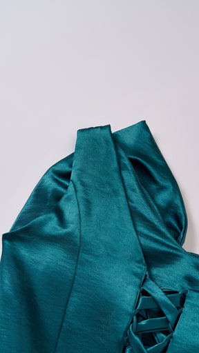 Vestito Lungo Satin Donna Spallina Singola con Maxi Fiocco, Abito Elegante da Cerimonia e Festa Smanicato