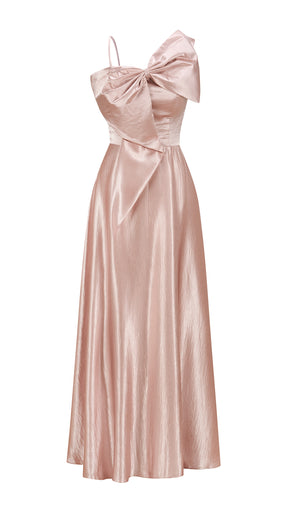 Vestito Lungo Satin Donna Spallina Singola con Maxi Fiocco, Abito Elegante da Cerimonia e Festa Smanicato
