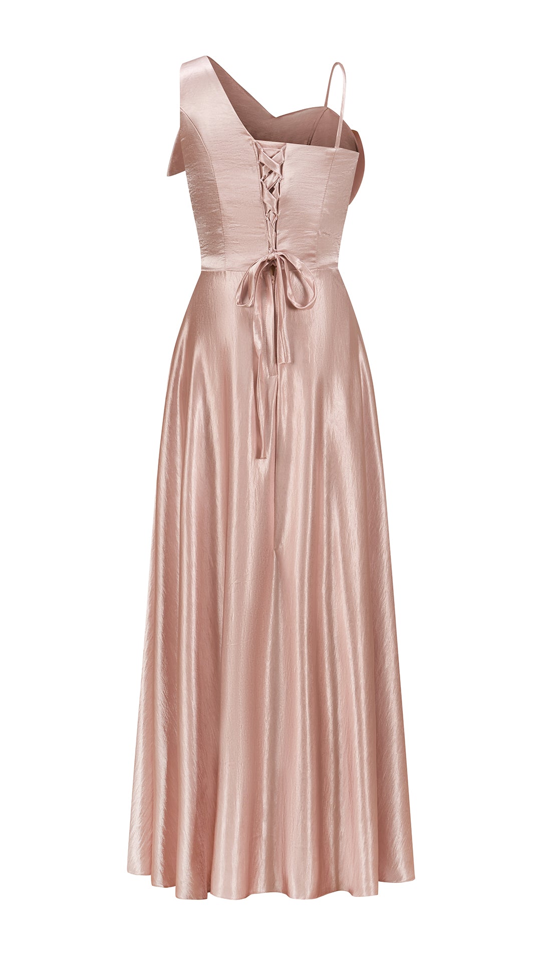 Vestito Lungo Satin Donna Spallina Singola con Maxi Fiocco, Abito Elegante da Cerimonia e Festa Smanicato