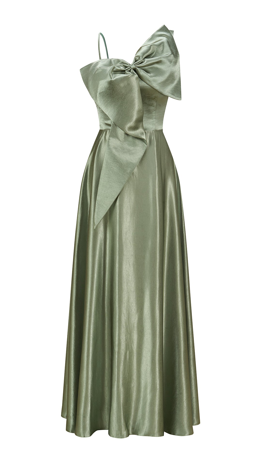 Vestito Lungo Satin Donna Spallina Singola con Maxi Fiocco, Abito Elegante da Cerimonia e Festa Smanicato