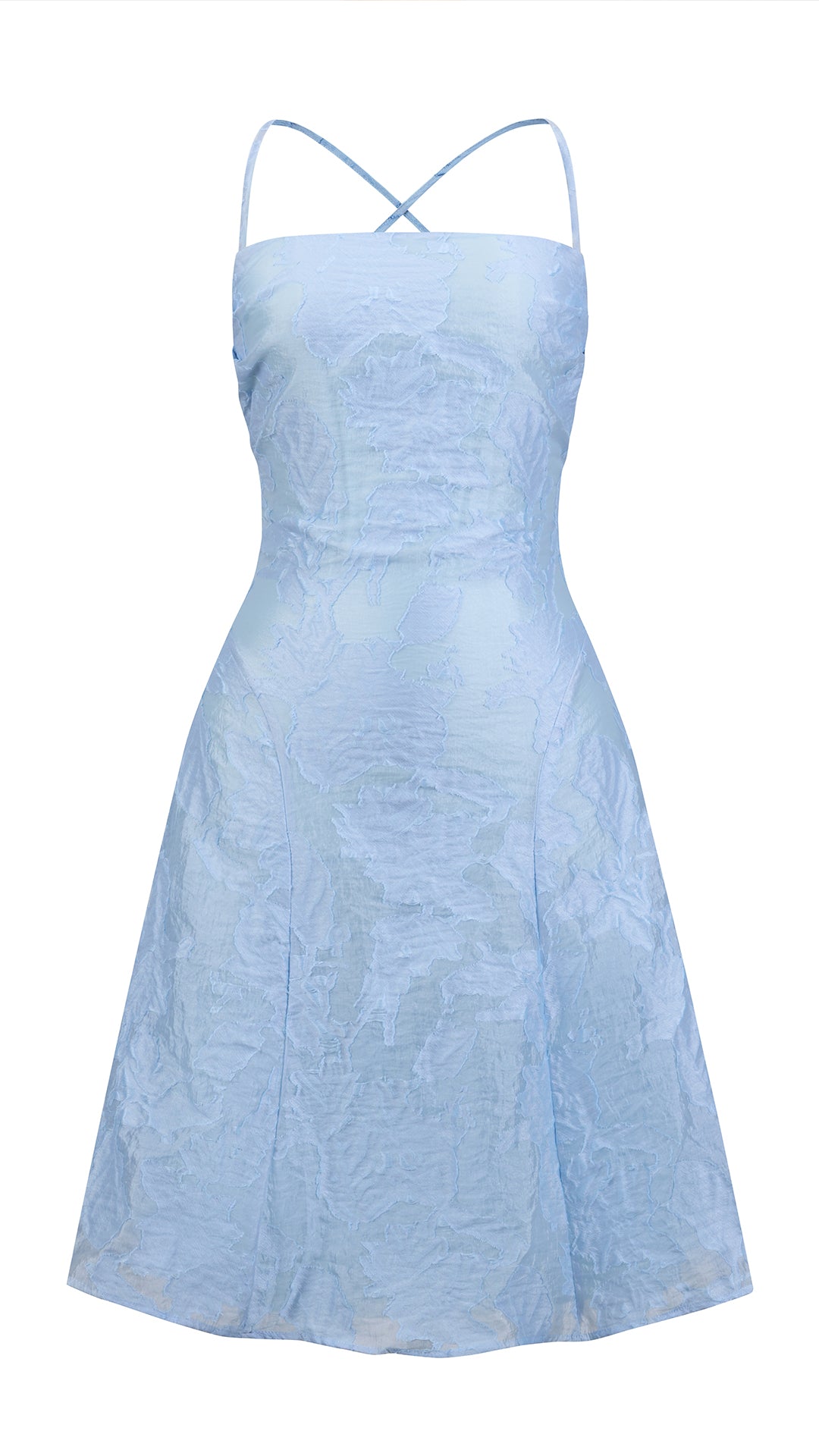 Abito corto elegante a spalline sottili con scollo a fascia, tessuto jacquard floreale e dettaglio a croce sul retro