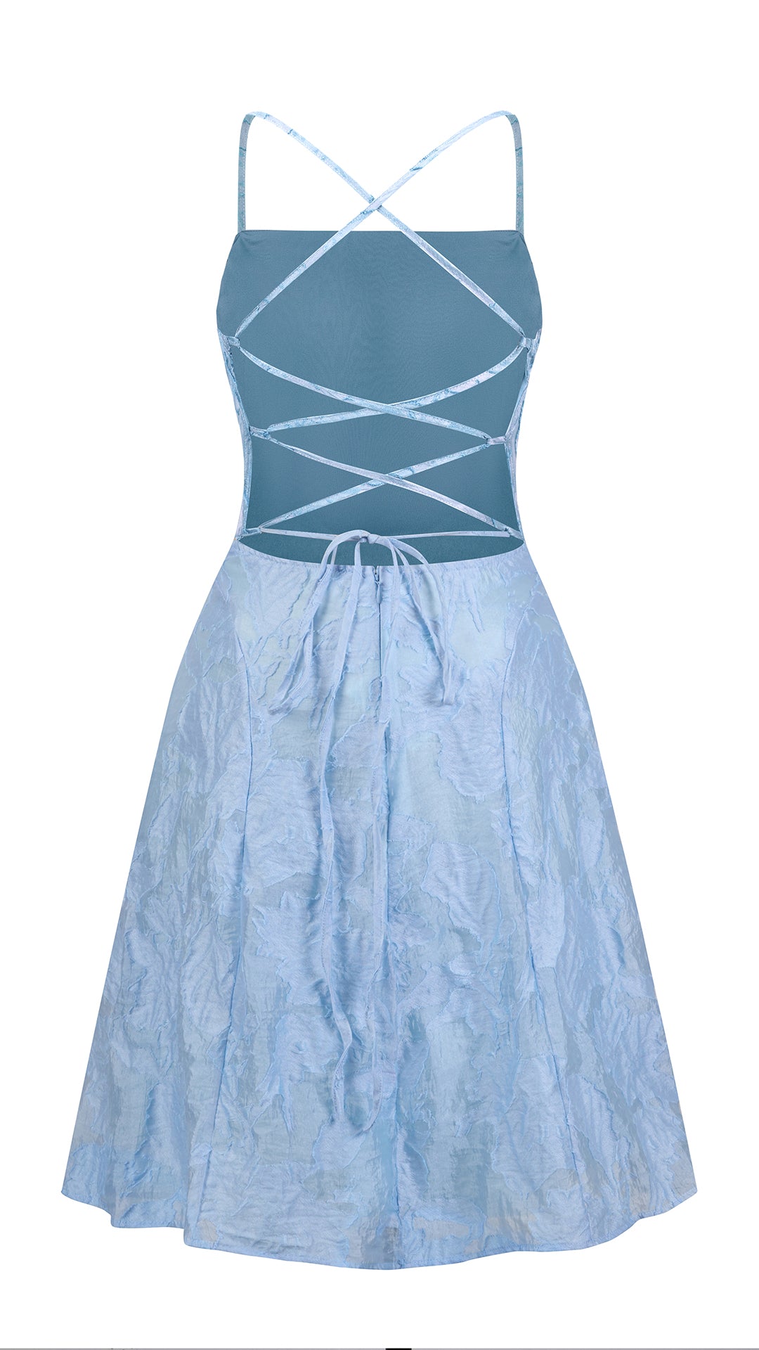Abito corto elegante a spalline sottili con scollo a fascia, tessuto jacquard floreale e dettaglio a croce sul retro
