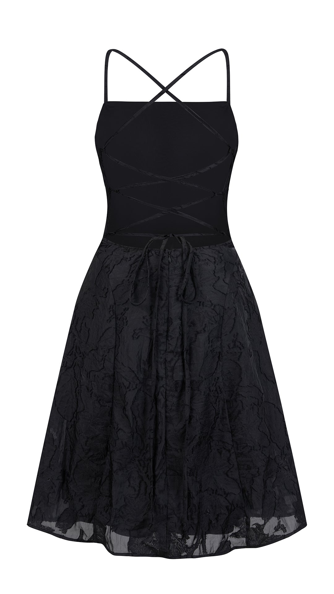 Abito corto elegante a spalline sottili con scollo a fascia, tessuto jacquard floreale e dettaglio a croce sul retro