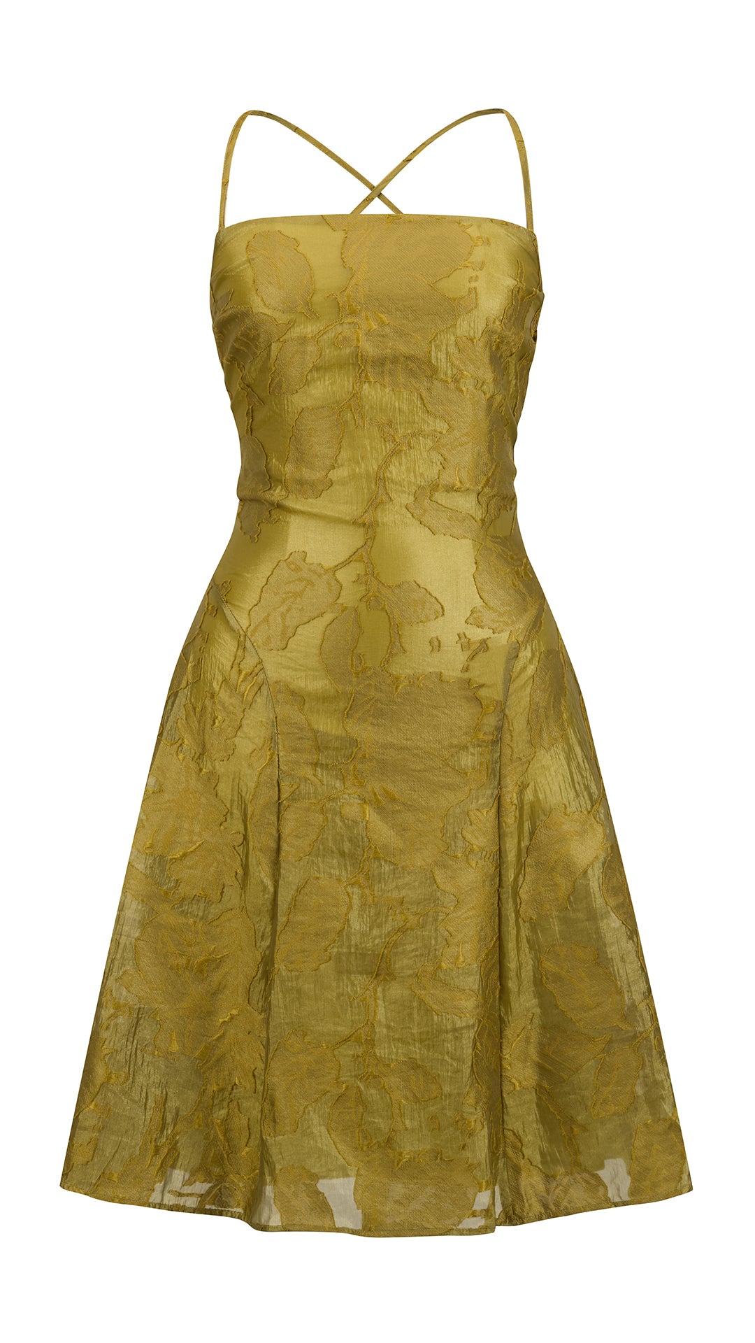 Abito corto elegante a spalline sottili con scollo a fascia, tessuto jacquard floreale e dettaglio a croce sul retro