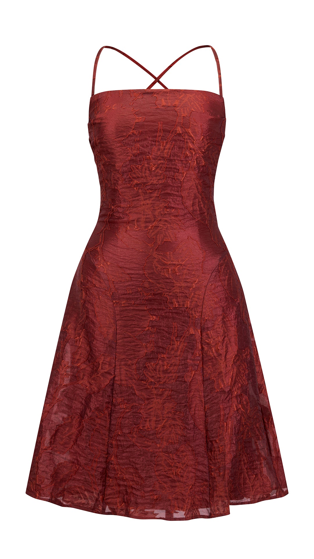 Abito corto elegante a spalline sottili con scollo a fascia, tessuto jacquard floreale e dettaglio a croce sul retro