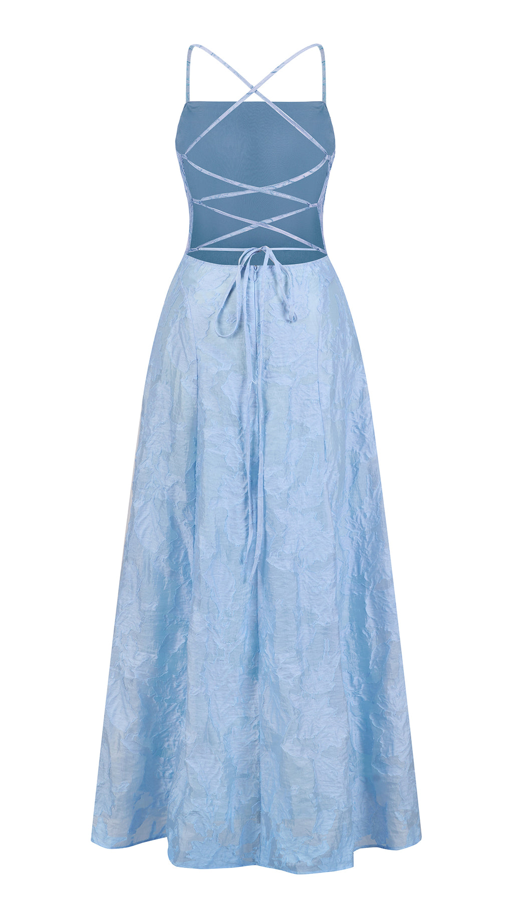 Abito midi elegante a spalline sottili con scollo a fascia, tessuto jacquard floreale e dettaglio a croce sul retro（副本）
