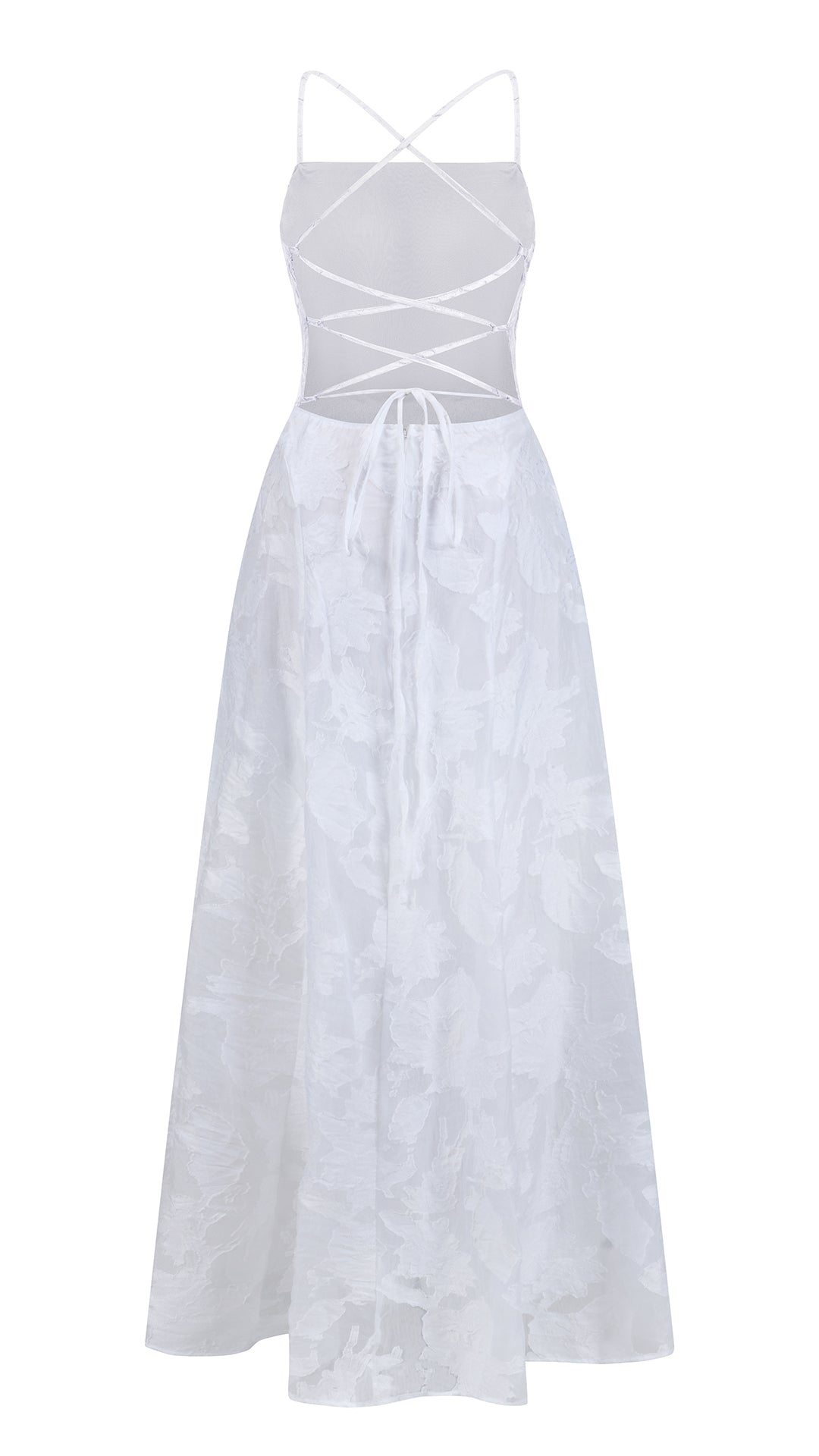 Abito midi elegante a spalline sottili con scollo a fascia, tessuto jacquard floreale e dettaglio a croce sul retro（副本）
