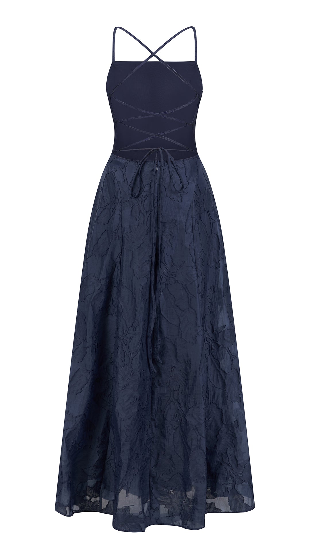 Abito midi elegante a spalline sottili con scollo a fascia, tessuto jacquard floreale e dettaglio a croce sul retro