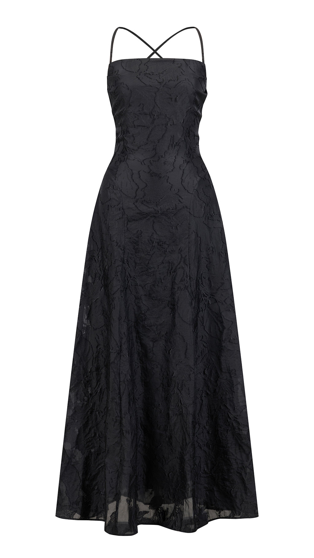 Abito midi elegante a spalline sottili con scollo a fascia, tessuto jacquard floreale e dettaglio a croce sul retro（副本）