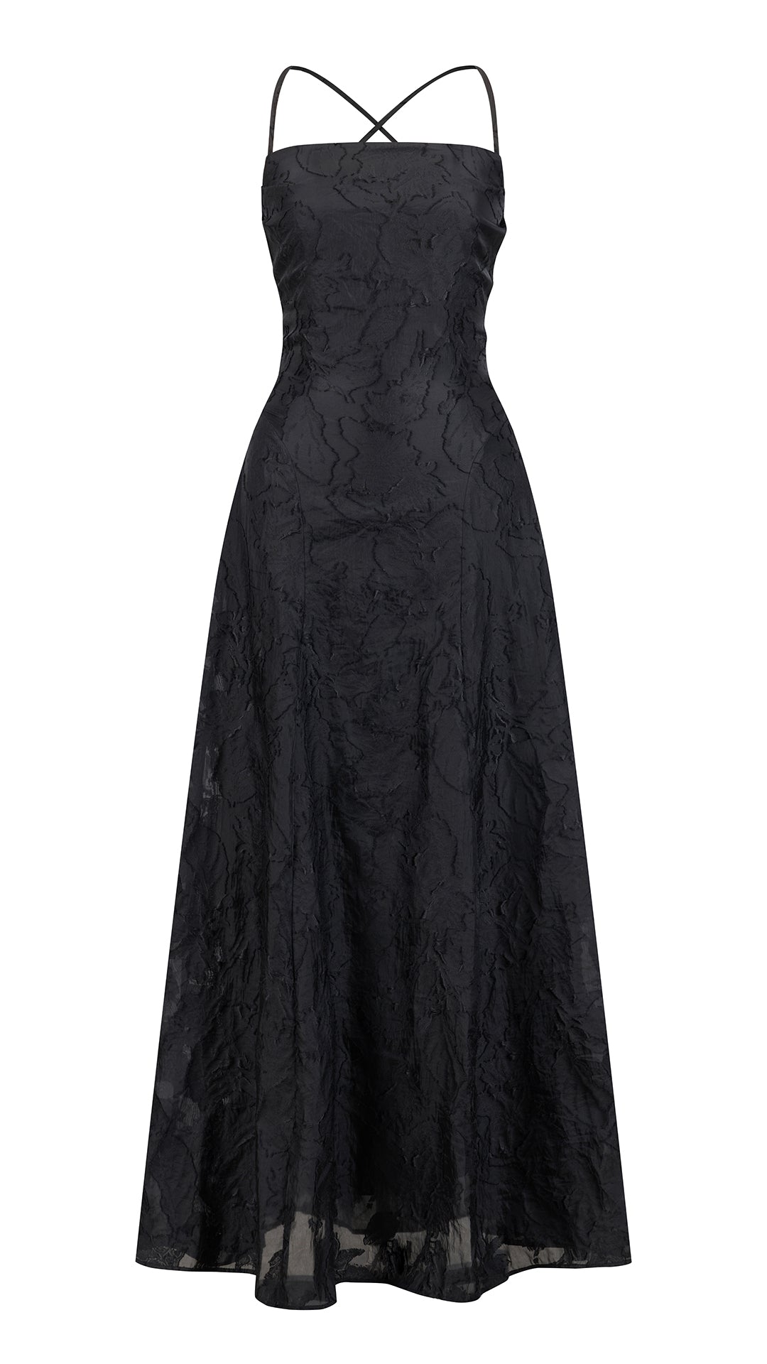 Abito midi elegante a spalline sottili con scollo a fascia, tessuto jacquard floreale e dettaglio a croce sul retro（副本）