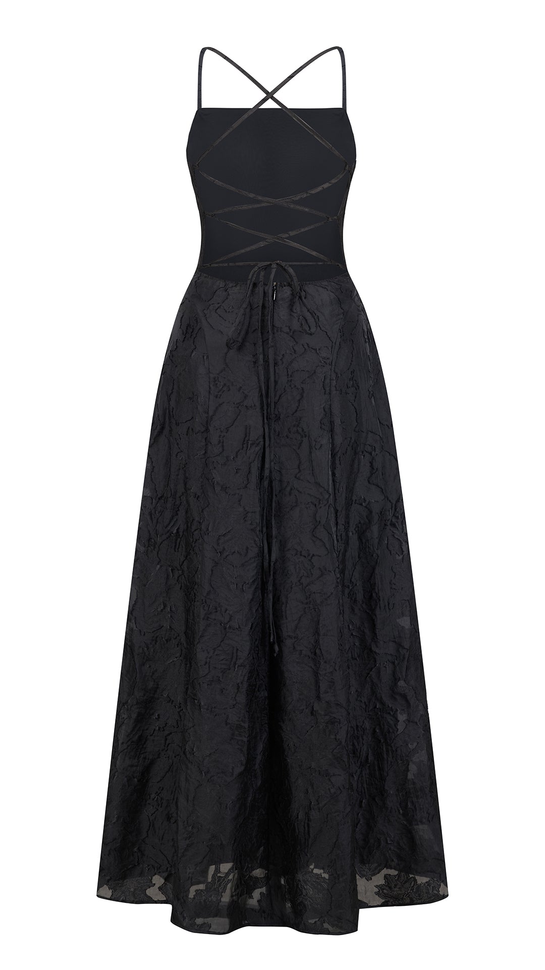 Abito midi elegante a spalline sottili con scollo a fascia, tessuto jacquard floreale e dettaglio a croce sul retro