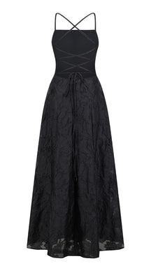 Abito midi elegante a spalline sottili con scollo a fascia, tessuto jacquard floreale e dettaglio a croce sul retro