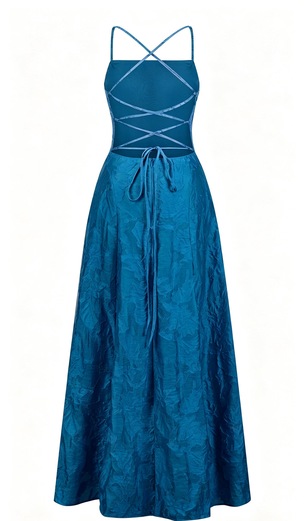Abito midi elegante a spalline sottili con scollo a fascia, tessuto jacquard floreale e dettaglio a croce sul retro（副本）