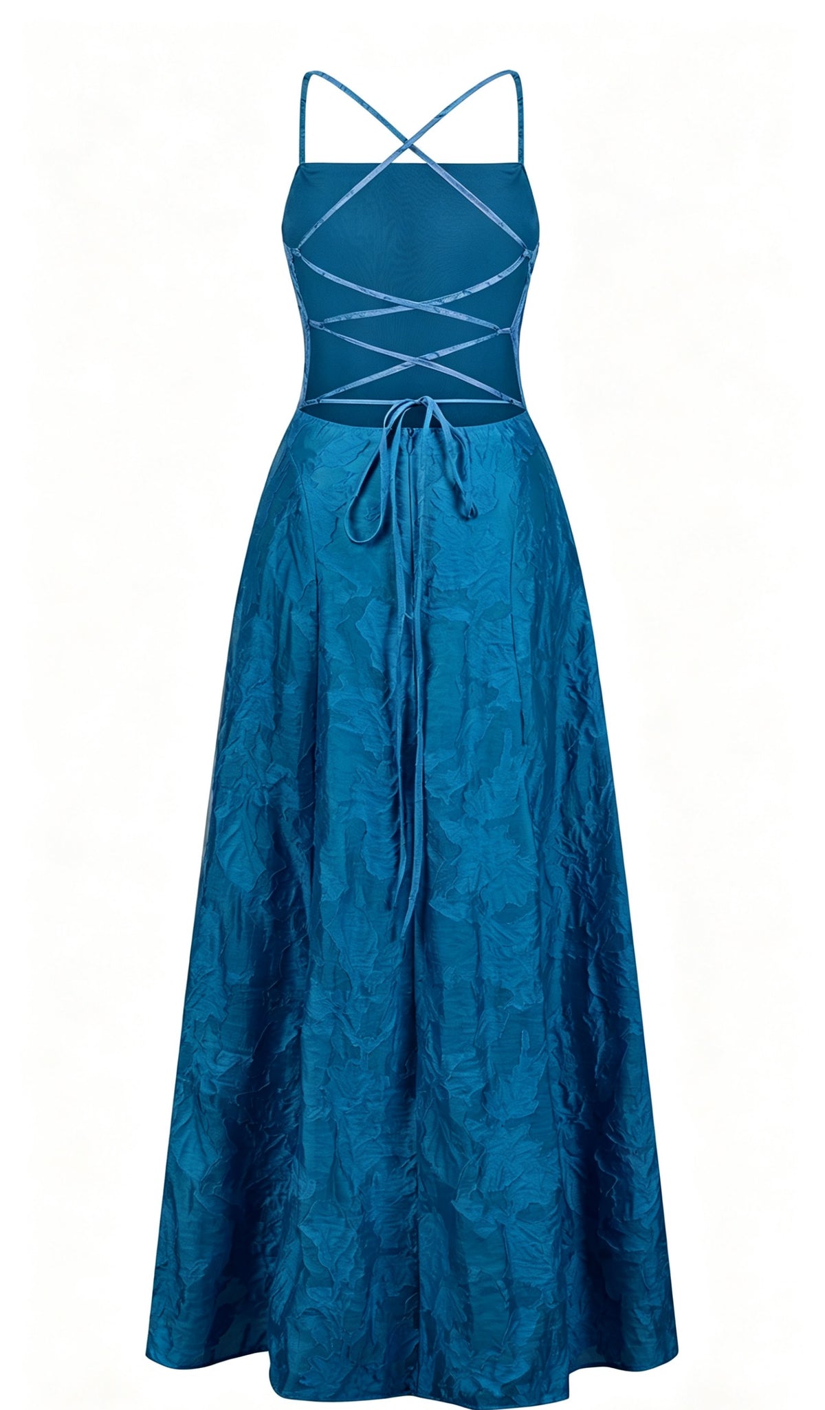 Abito midi elegante a spalline sottili con scollo a fascia, tessuto jacquard floreale e dettaglio a croce sul retro（副本）