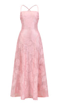 Abito midi elegante a spalline sottili con scollo a fascia, tessuto jacquard floreale e dettaglio a croce sul retro（副本）