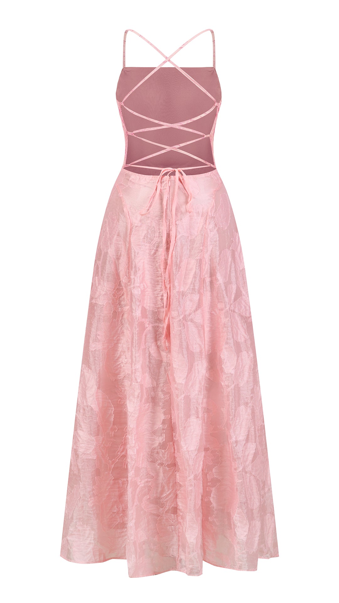 Abito midi elegante a spalline sottili con scollo a fascia, tessuto jacquard floreale e dettaglio a croce sul retro（副本）