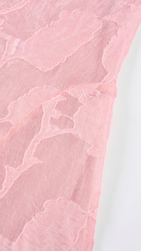 Abito midi elegante a spalline sottili con scollo a fascia, tessuto jacquard floreale e dettaglio a croce sul retro
