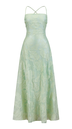 Abito midi elegante a spalline sottili con scollo a fascia, tessuto jacquard floreale e dettaglio a croce sul retro