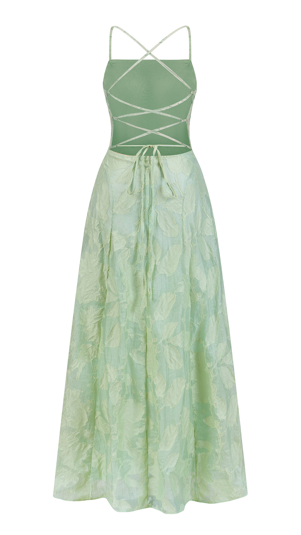 Abito midi elegante a spalline sottili con scollo a fascia, tessuto jacquard floreale e dettaglio a croce sul retro（副本）