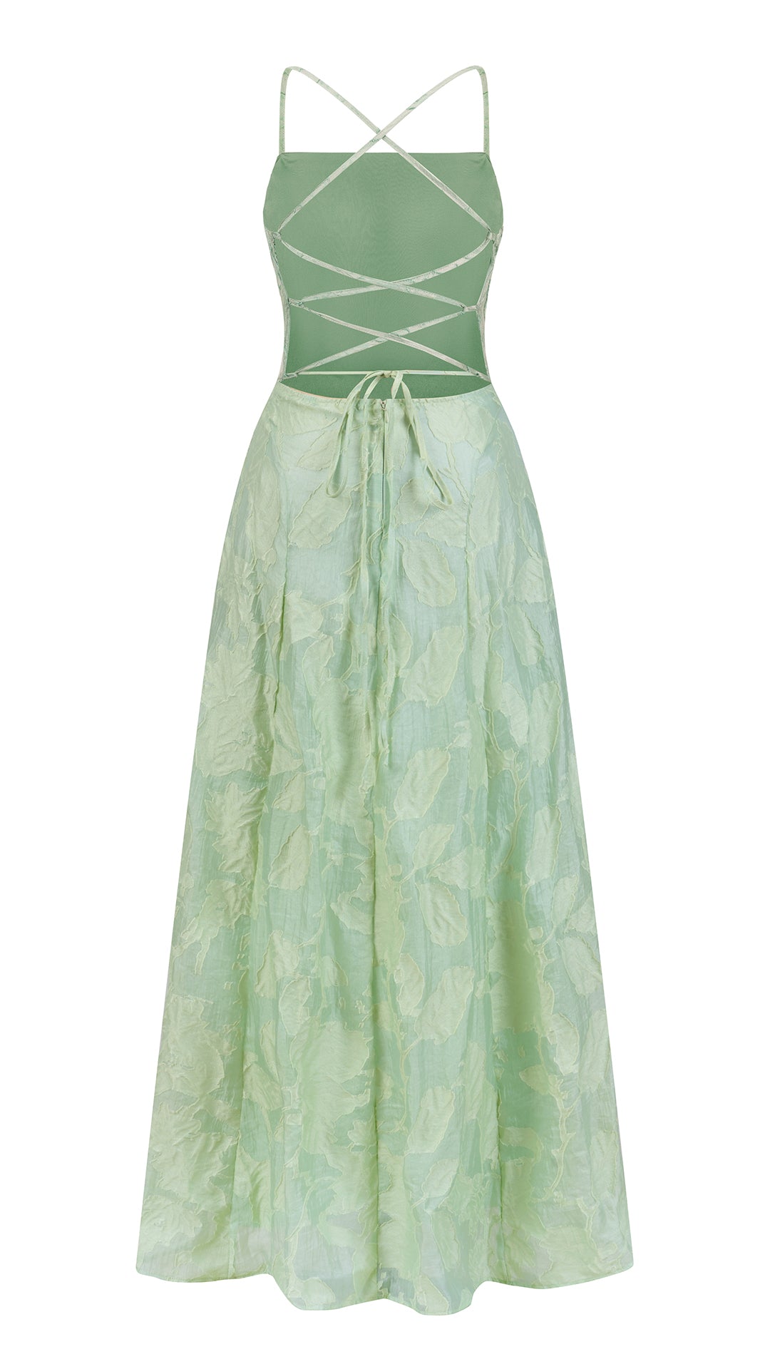 Abito midi elegante a spalline sottili con scollo a fascia, tessuto jacquard floreale e dettaglio a croce sul retro