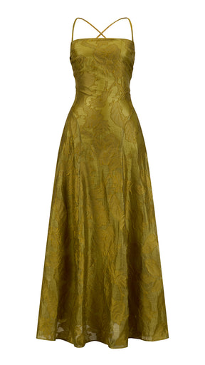 Abito midi elegante a spalline sottili con scollo a fascia, tessuto jacquard floreale e dettaglio a croce sul retro