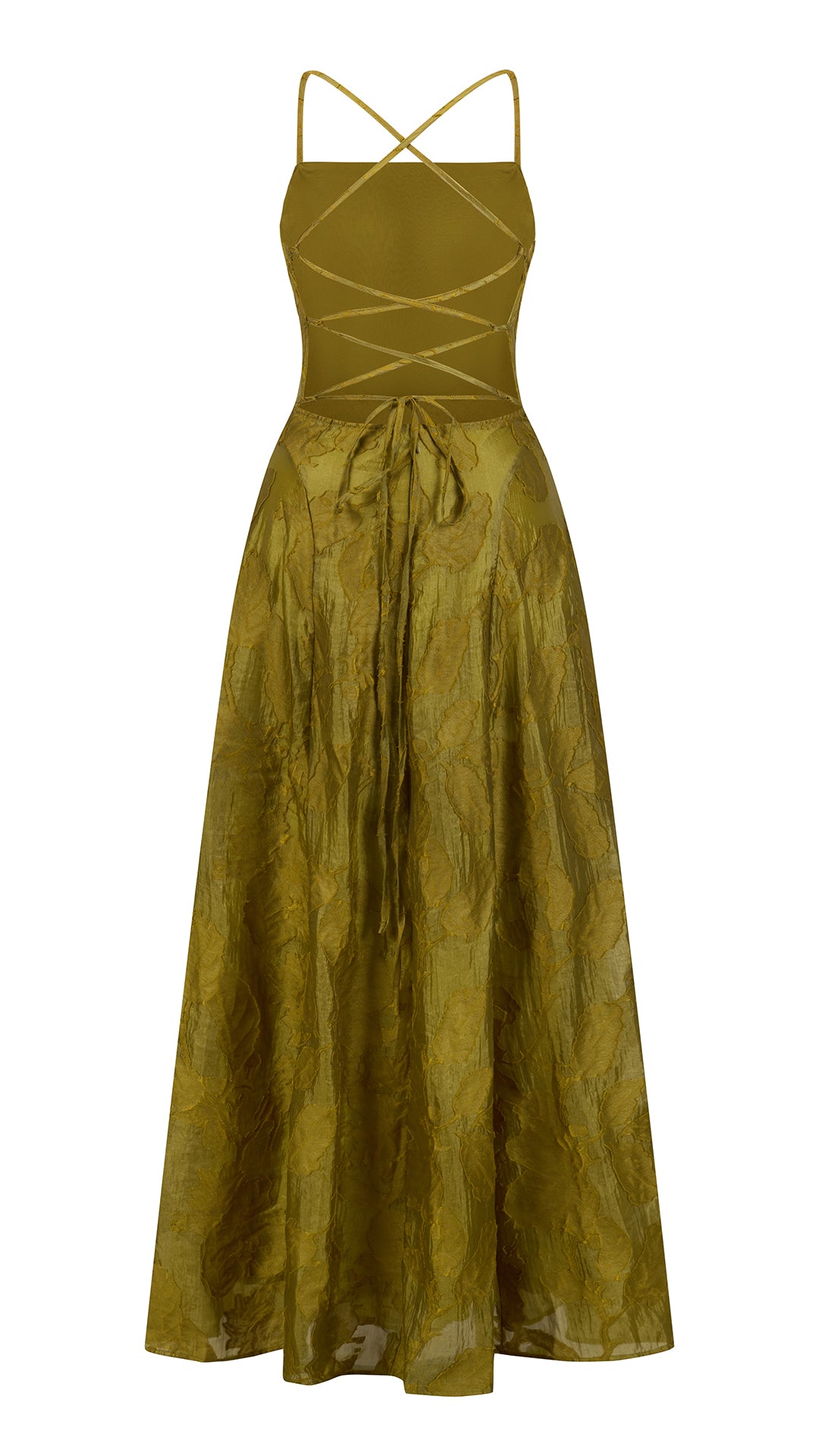 Abito midi elegante a spalline sottili con scollo a fascia, tessuto jacquard floreale e dettaglio a croce sul retro（副本）