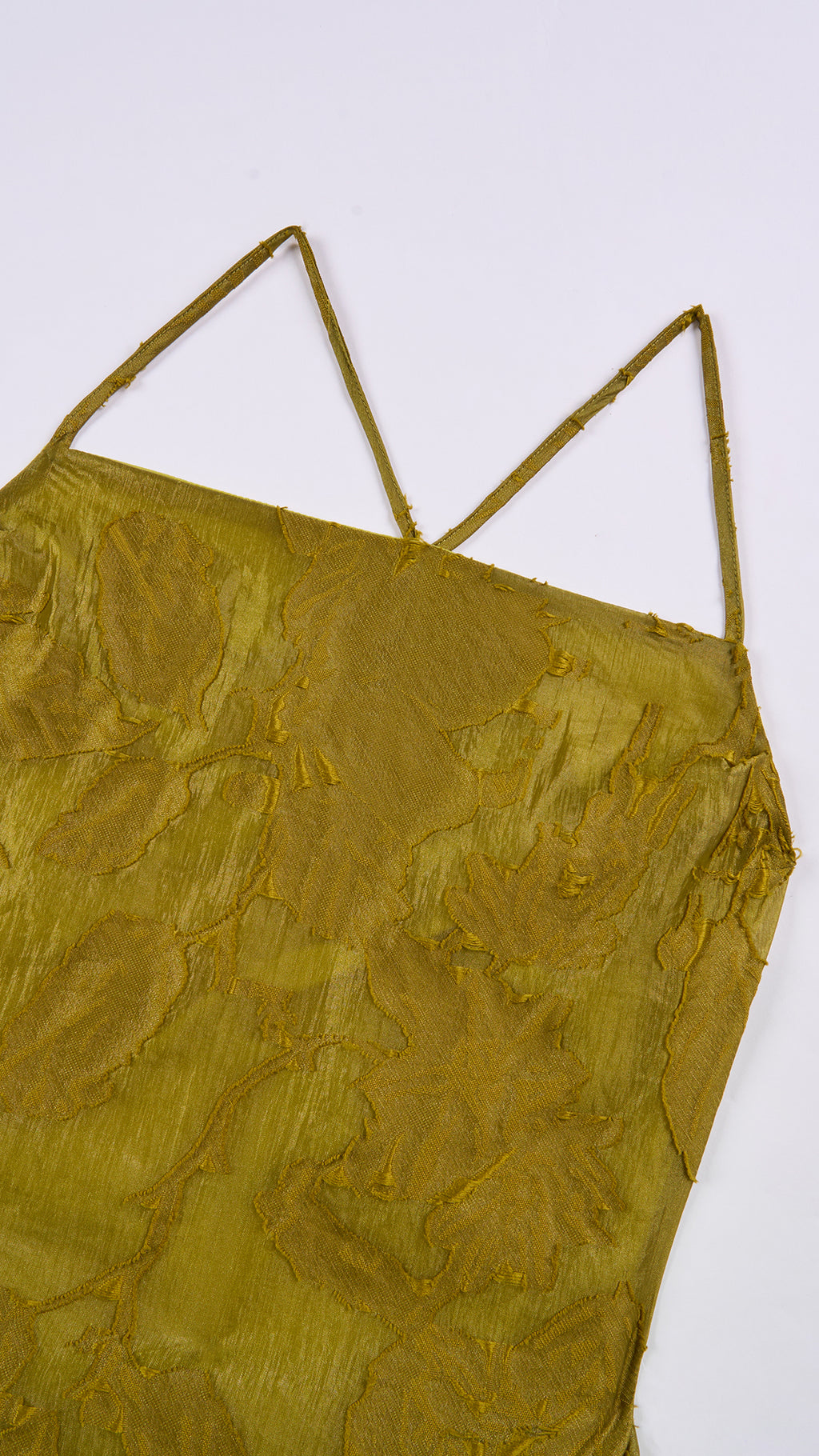 Abito midi elegante a spalline sottili con scollo a fascia, tessuto jacquard floreale e dettaglio a croce sul retro（副本）