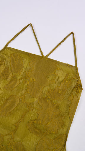 Abito midi elegante a spalline sottili con scollo a fascia, tessuto jacquard floreale e dettaglio a croce sul retro