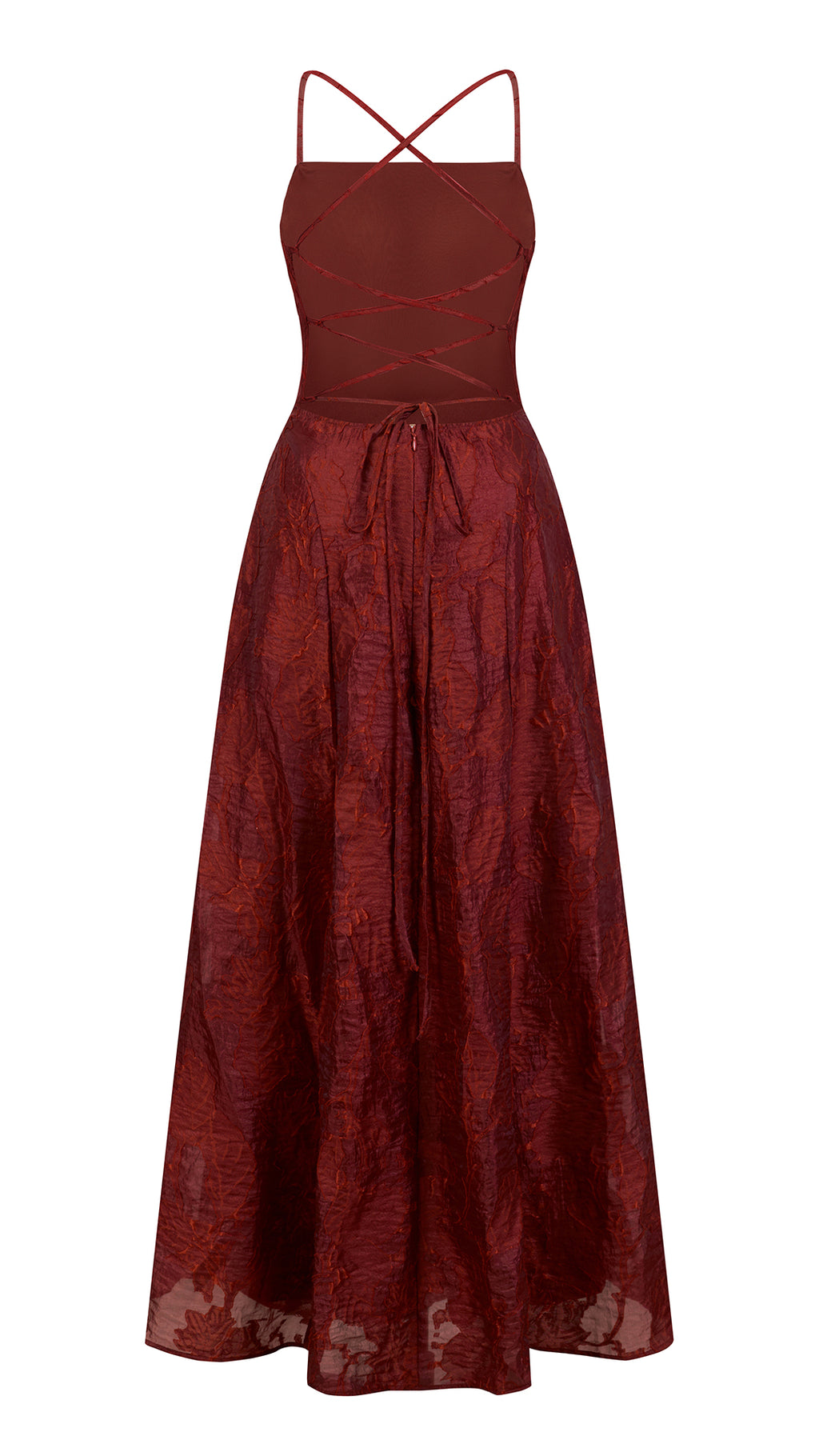 Abito midi elegante a spalline sottili con scollo a fascia, tessuto jacquard floreale e dettaglio a croce sul retro（副本）