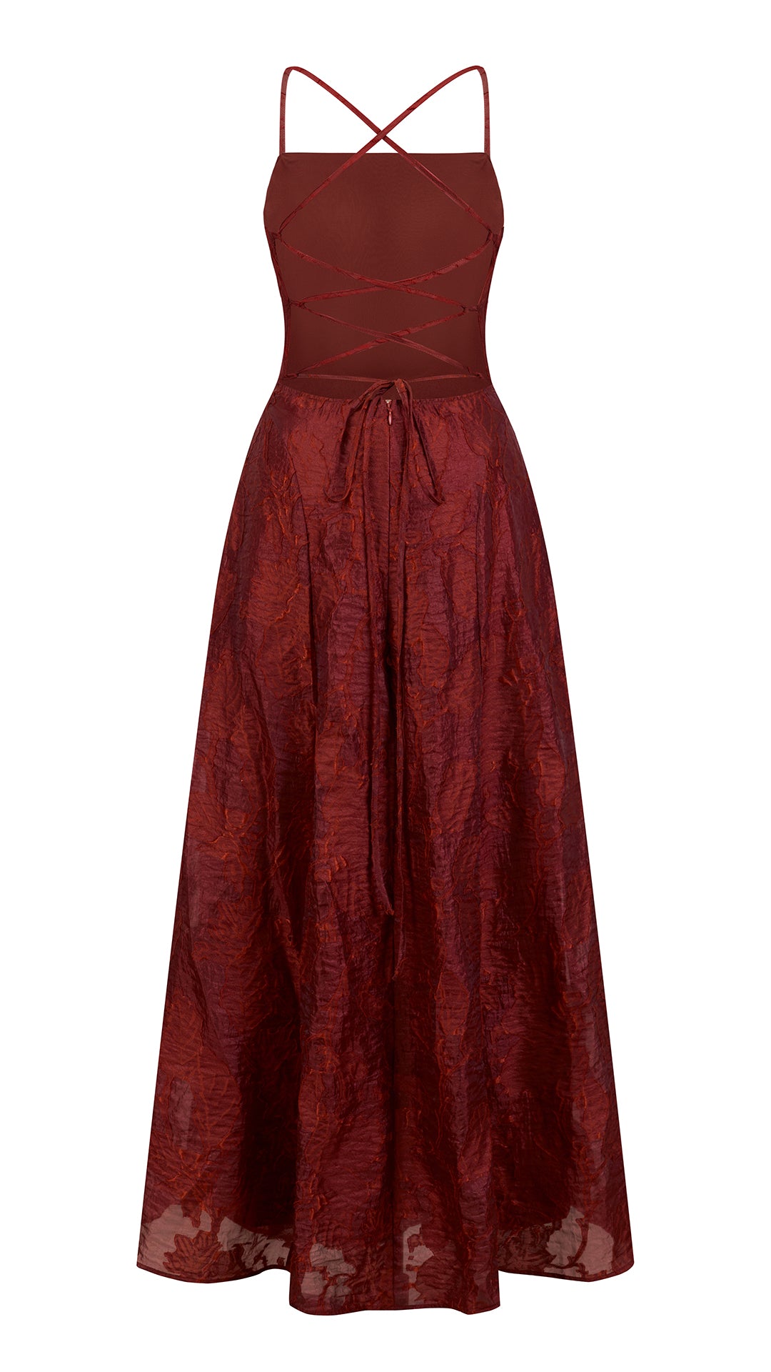Abito midi elegante a spalline sottili con scollo a fascia, tessuto jacquard floreale e dettaglio a croce sul retro（副本）