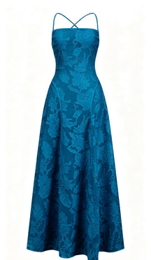 Abito midi elegante a spalline sottili con scollo a fascia, tessuto jacquard floreale e dettaglio a croce sul retro