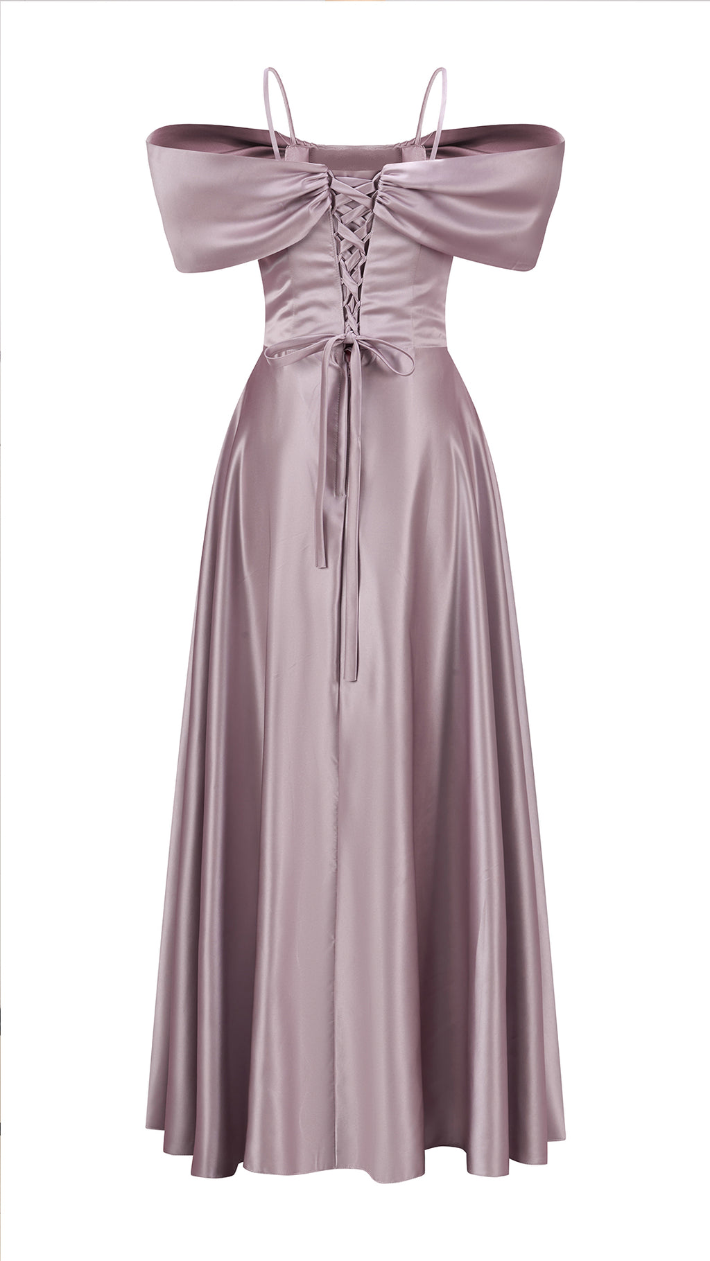 Vestito Lungo Satin Spalline Sottili a Spalla Scoperta, Abito Elegante Donna da Cerimonia con Busto Arricciato e Gonna Ampia（副本）