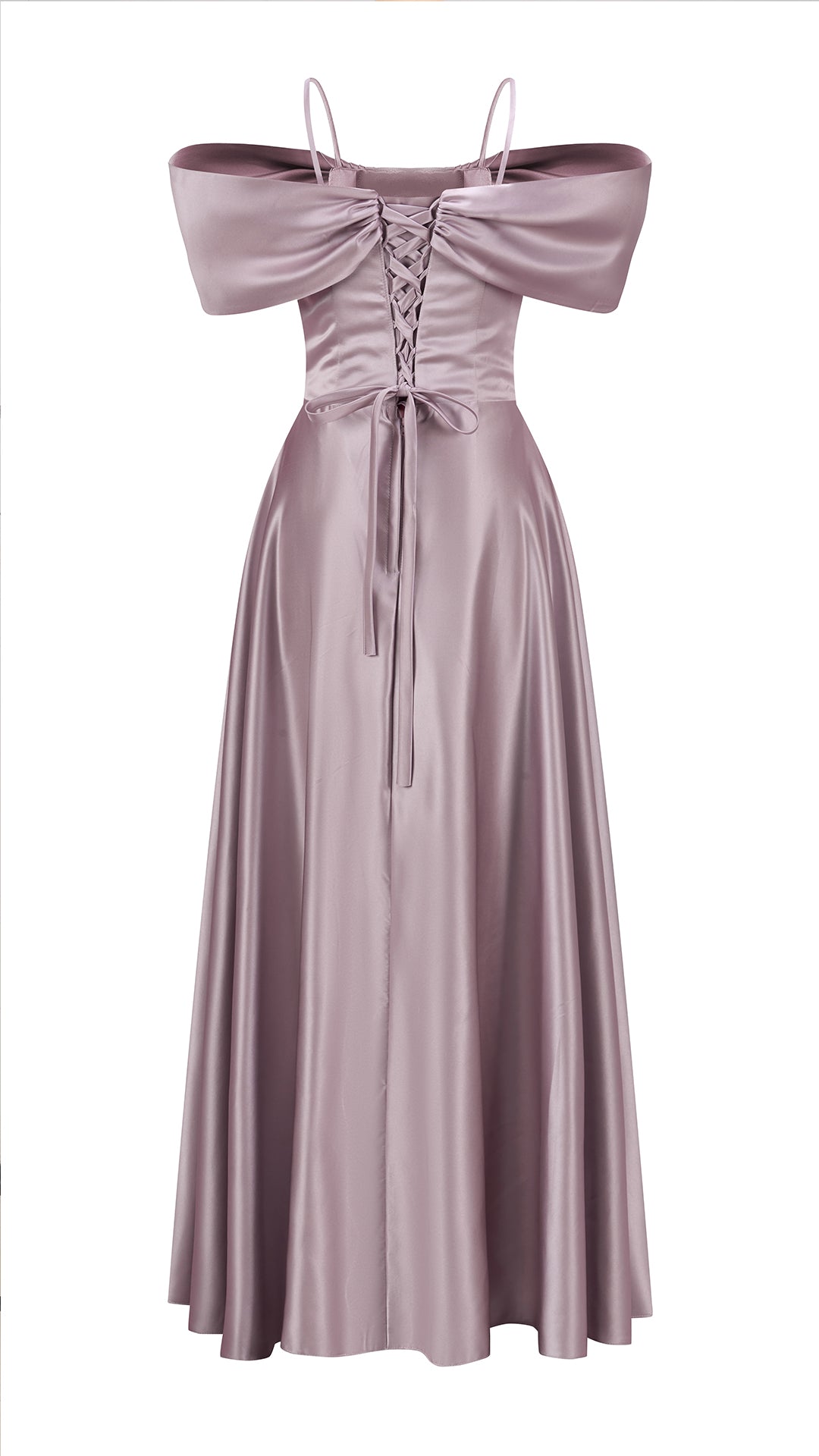 Vestito Lungo Satin Spalline Sottili a Spalla Scoperta, Abito Elegante Donna da Cerimonia con Busto Arricciato e Gonna Ampia