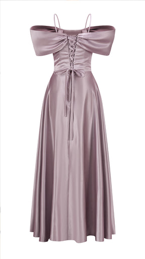 Vestito Lungo Satin Spalline Sottili a Spalla Scoperta, Abito Elegante Donna da Cerimonia con Busto Arricciato e Gonna Ampia