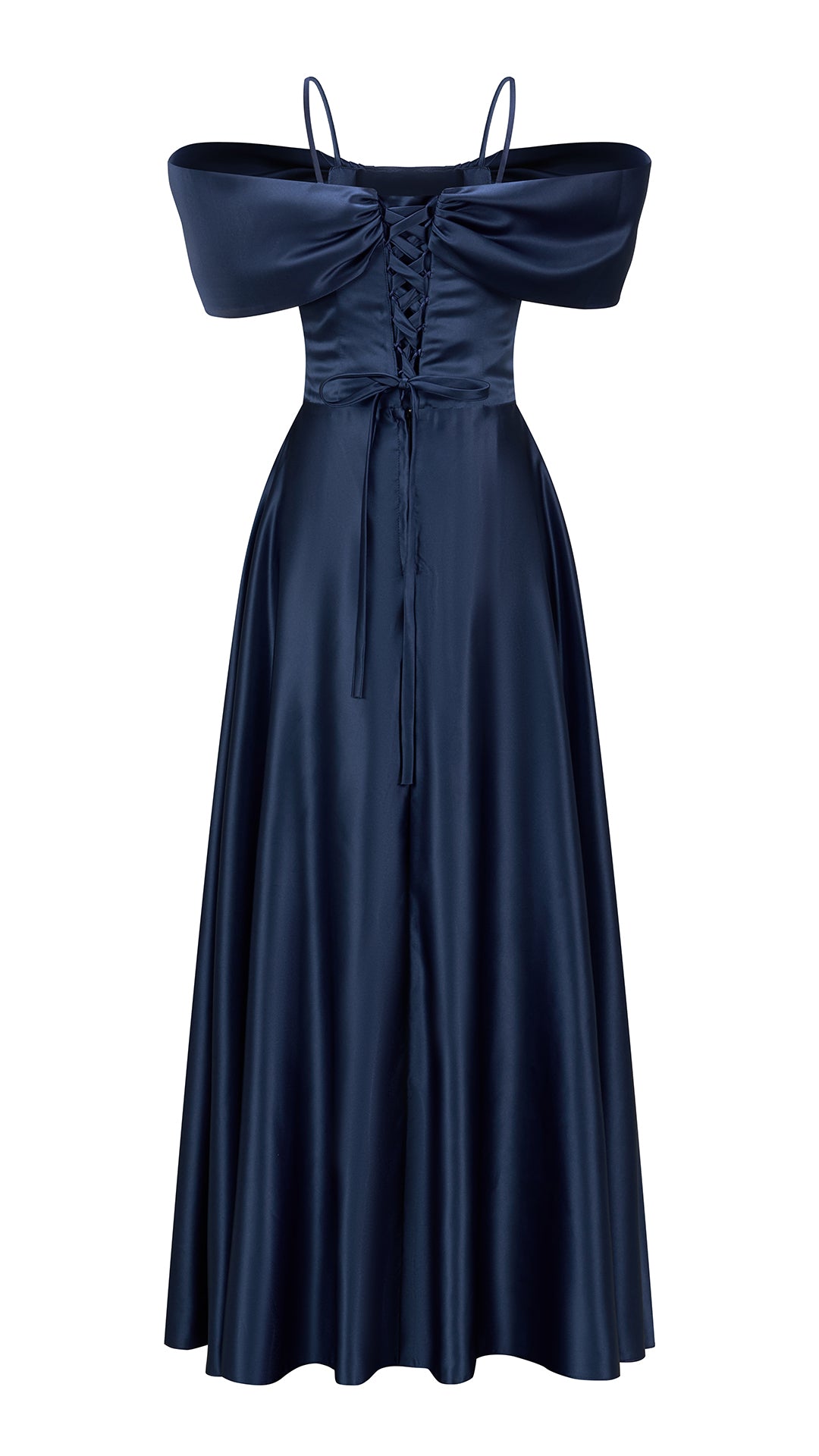 Vestito Lungo Satin Spalline Sottili a Spalla Scoperta, Abito Elegante Donna da Cerimonia con Busto Arricciato e Gonna Ampia