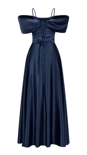 Vestito Lungo Satin Spalline Sottili a Spalla Scoperta, Abito Elegante Donna da Cerimonia con Busto Arricciato e Gonna Ampia