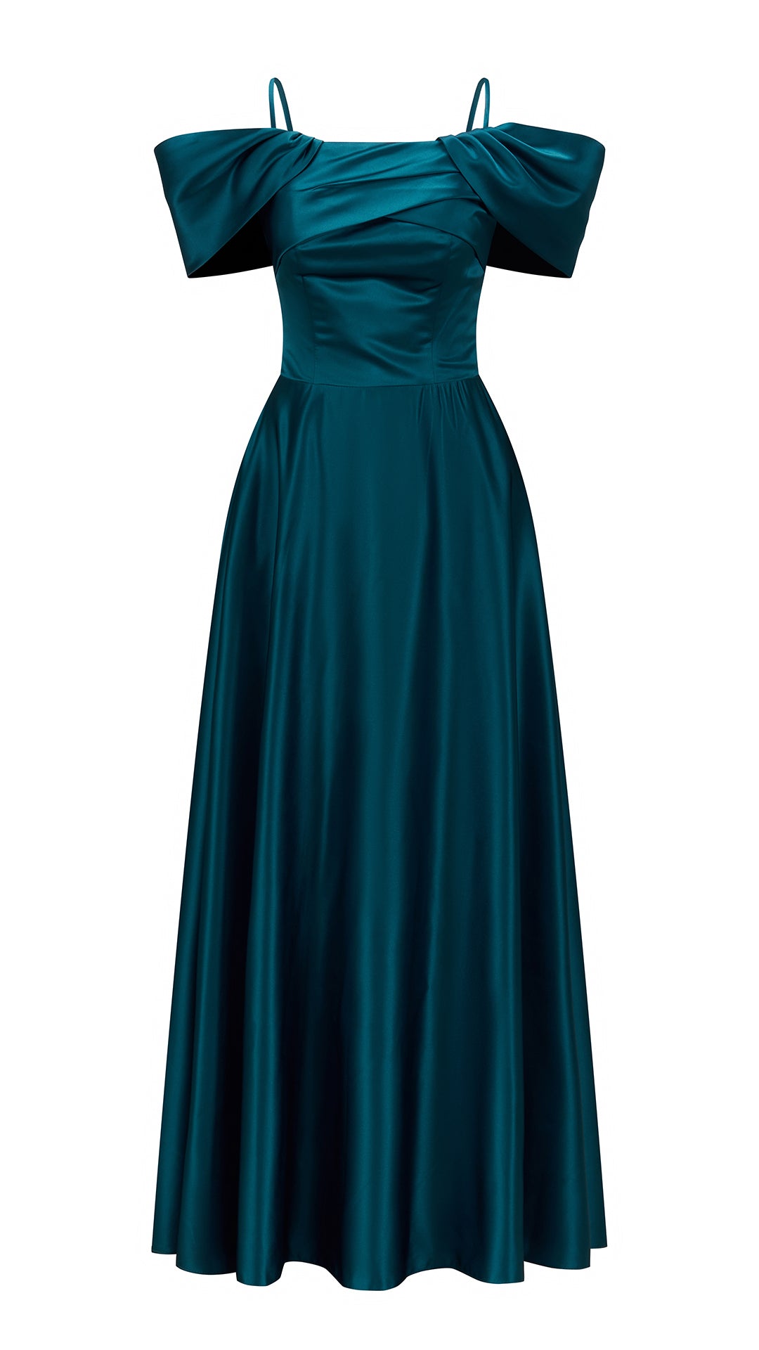 Vestito Lungo Satin Spalline Sottili a Spalla Scoperta, Abito Elegante Donna da Cerimonia con Busto Arricciato e Gonna Ampia