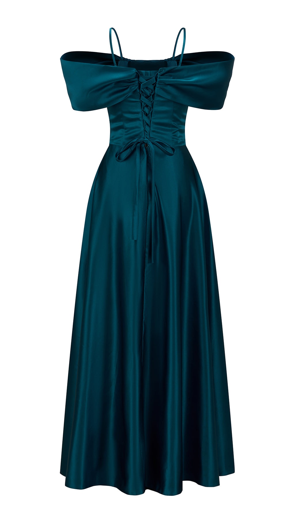 Vestito Lungo Satin Spalline Sottili a Spalla Scoperta, Abito Elegante Donna da Cerimonia con Busto Arricciato e Gonna Ampia（副本）